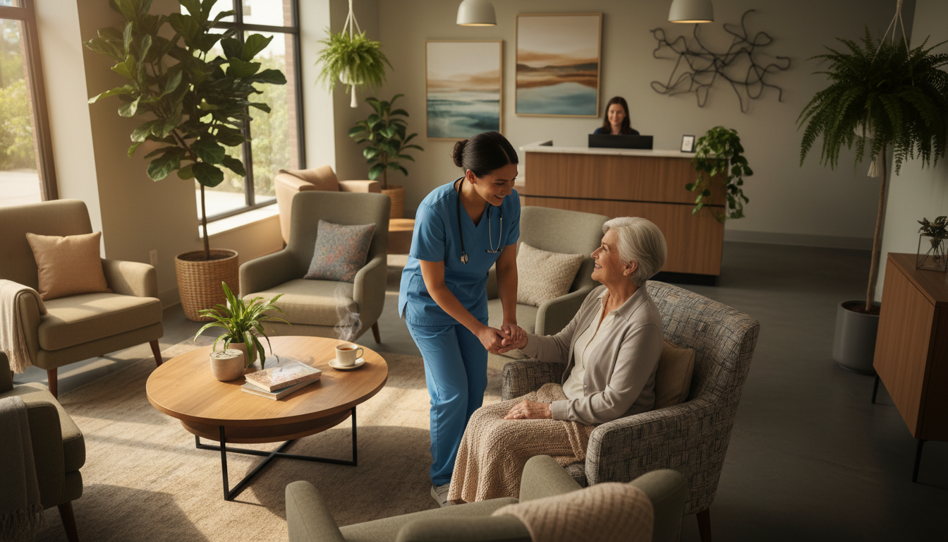 A warm and inviting healthcare environment showcasing personalized care. In the foreground, a compassionate healthcare professional, dressed in professional scrubs, is gently interacting with a diverse elderly patient who appears comforted and engaged in conversation. In the middle ground, elements like comfortable seating and cozy decor create a nurturing atmosphere, complemented by soft, golden lighting that enhances the feeling of warmth. The background reveals a well-organized healthcare space with reassuring visuals, such as plants and artwork, reflecting a balanced approach to comfort and quality in modern healthcare. The angle captures a slight overhead view, promoting an inclusive and approachable mood, emphasizing trust and empathy in personalized care.