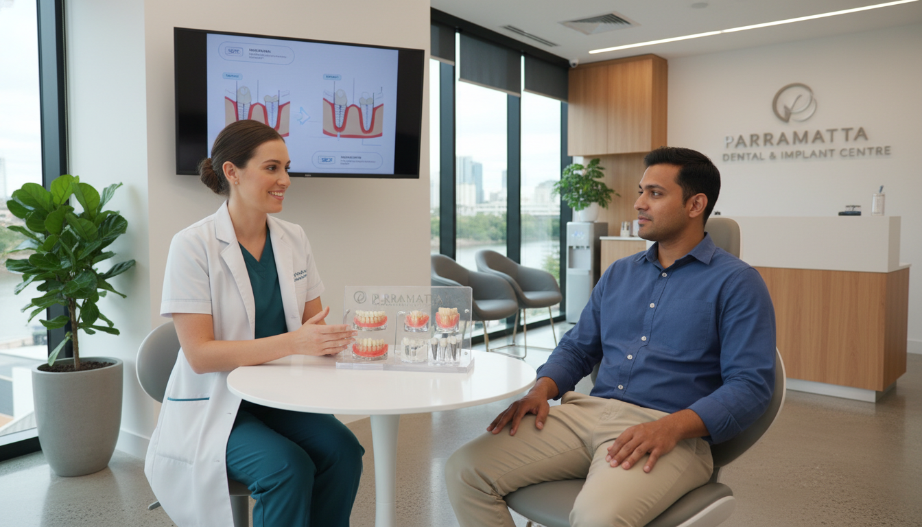 A warm and inviting modern dental clinic in Parramatta with a friendly dentist explaining different dental implant models to a relaxed patient.