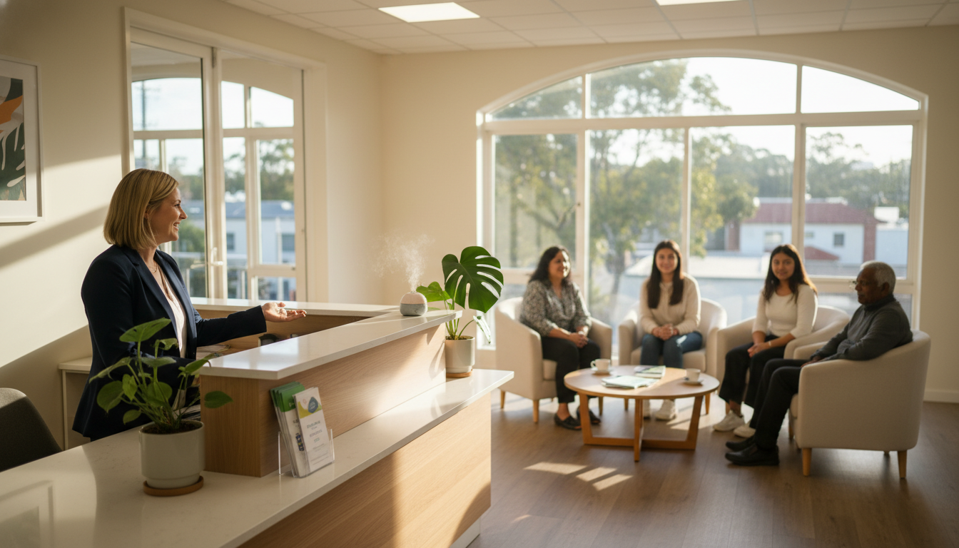 A warm and inviting service provider office in Parramatta NSW, featuring a friendly professional in business attire, smiling as they assist a diverse group of clients seated comfortably. The foreground shows a modern reception desk with potted plants and welcoming decor. In the middle ground, a soft seating area includes a coffee table with informative brochures. The background reveals large windows allowing natural sunlight to flood the space, creating a bright and cheerful atmosphere. Soft, diffused lighting enhances the welcoming feel, while a slight depth of field focuses on the interaction between the service provider and clients. The mood is calm, assuring, and supportive, reflecting reliability and approachability in a community care setting.