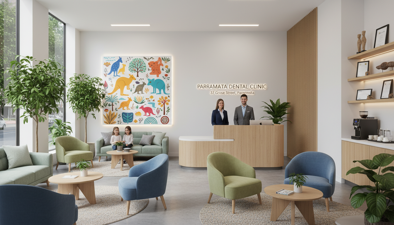 A warm and modern dental reception area at 37 Grose Street Parramatta, featuring comfortable seating, friendly staff, and bright Australian clinic decor, realistic interior style.