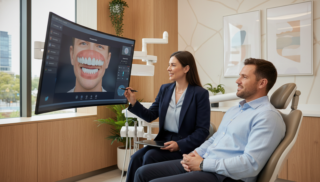 A warm, modern dental clinic room in Parramatta where a friendly female dentist is sitting with a relaxed patient, showing them a digital smile design on a high-definition screen, soft natural lighting, professional and compassionate atmosphere.