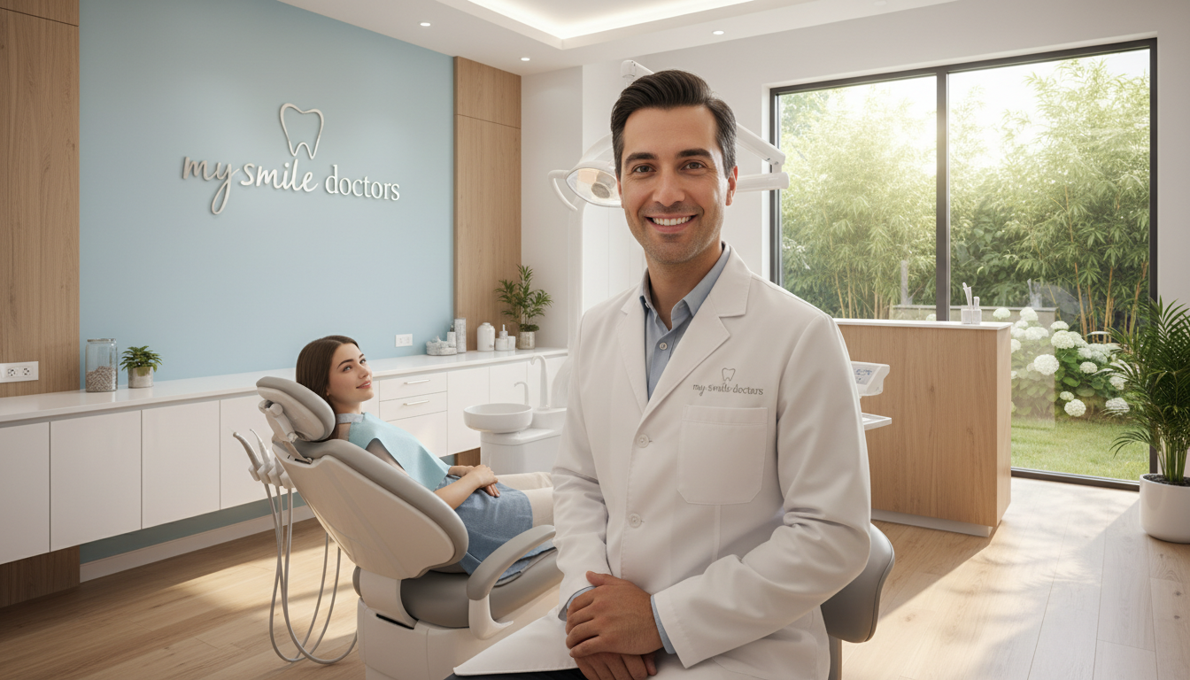 A welcoming and modern dental clinic interior, featuring a cosmetic dentist wearing a white coat and smiling confidently, addressing a patient in a comfortable dental chair. The foreground shows the dentist's friendly demeanor, with gentle lighting reflecting a calming atmosphere. In the middle background, soothing colors like light blue and white are present, enhancing a sense of tranquility. Dental tools and a treatment area are subtly arranged, emphasizing professionalism. The background includes a large window with natural light streaming in, giving a view of a serene green garden outside, contributing to the anxiety-free theme. The clinic logo "my smile doctors" is elegantly displayed on the wall. A professional yet calming mood permeates the scene, conveying trust and comfort.