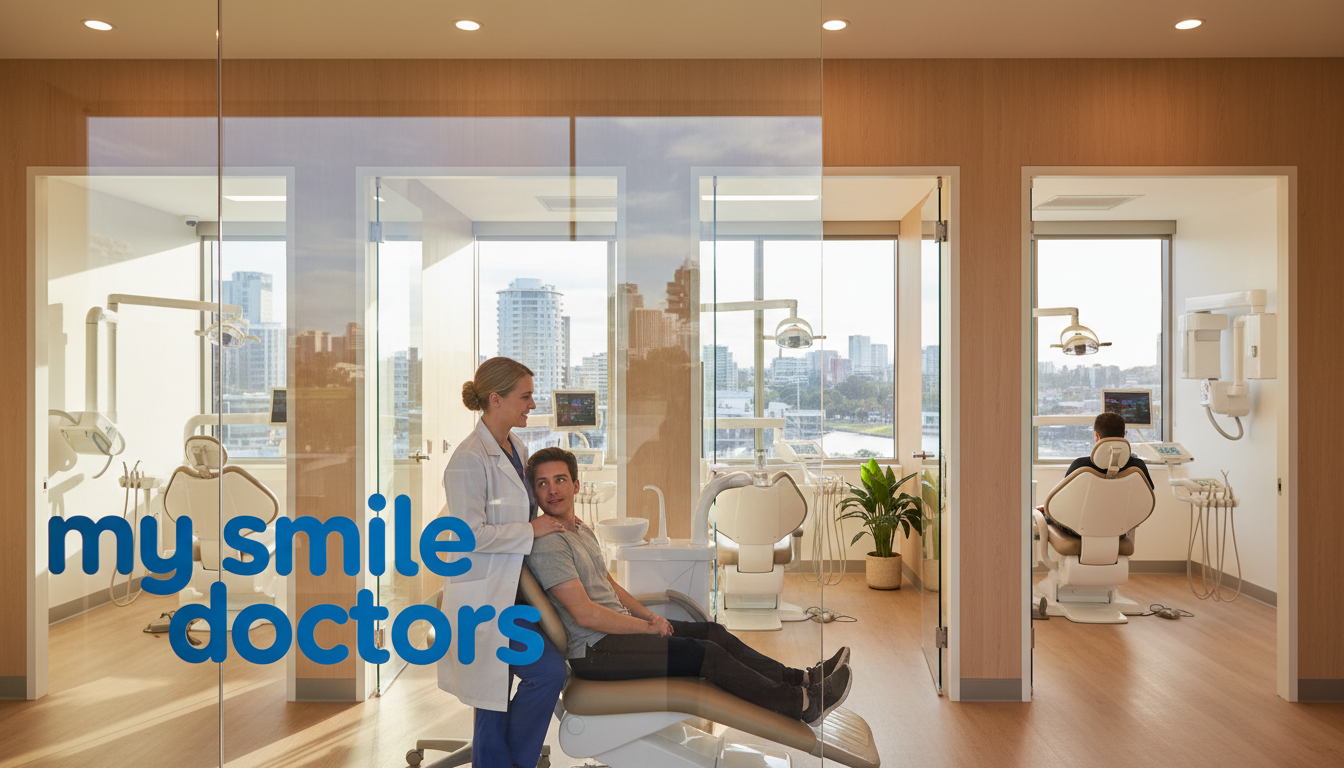 A welcoming dental clinic with a modern design, featuring the brand name "my smile doctors" prominently displayed on the front. In the foreground, a friendly dentist in professional attire is interacting with a patient in a comforting chair, both displaying expressions of compassion and trust. The middle ground showcases state-of-the-art dental equipment and bright, clean treatment rooms filled with natural light streaming through large windows. The background shows a serene urban landscape of Parramatta, with recognizable landmarks softly blurred. The overall atmosphere is warm and inviting, conveying a sense of calm and caring. The lighting is soft yet bright, enhancing the professional and friendly vibe, while the angle captures both the warmth of patient care and the high-quality facilities available for emergency dental needs.
