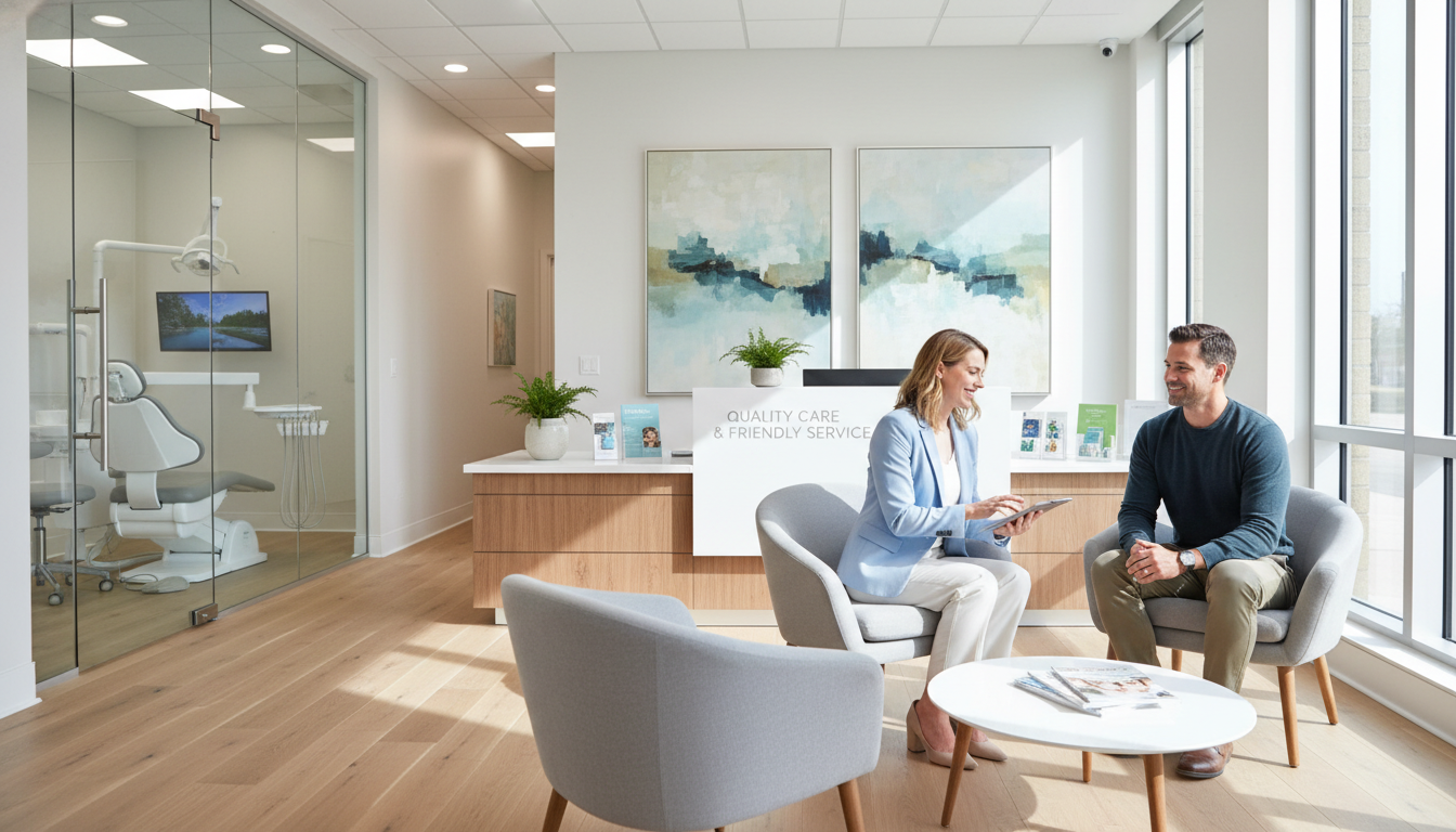 A welcoming dental office reception area, featuring a comfortable seating arrangement with modern furniture and bright, calming colors. In the foreground, a friendly receptionist wearing professional attire is interacting with a patient, utilizing a digital tablet to schedule an appointment. The middle layer showcases a stylish reception desk adorned with dental brochures and plants, while the background features a well-lit dental treatment room with soothing artwork on the walls. Natural light filters in through large windows, creating an inviting atmosphere. The mood is relaxed and reassuring, emphasizing quality care and friendly service, ideal for anxiety-free dental treatment.