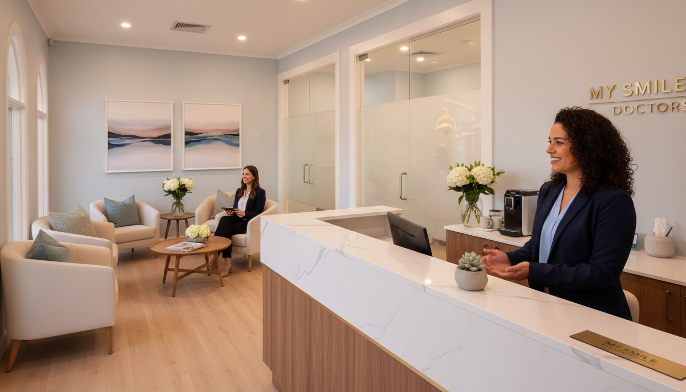 A welcoming dental surgery reception area of "my smile doctors" features warm, soft lighting that creates a soothing atmosphere. In the foreground, a friendly dental assistant, dressed in professional business attire, stands behind a reception desk, smiling reassuringly at a patient. In the middle ground, a comfortable seating area with plush chairs and calming artwork on the walls invites relaxation. A small coffee station with fresh flowers adds a homey touch. In the background, the softly lit dental treatment rooms are visible through glass doors, exuding cleanliness and professionalism. The scene captures anticipation and comfort, ideal for illustrating the feeling of arriving for an anxiety-free dental visit.
