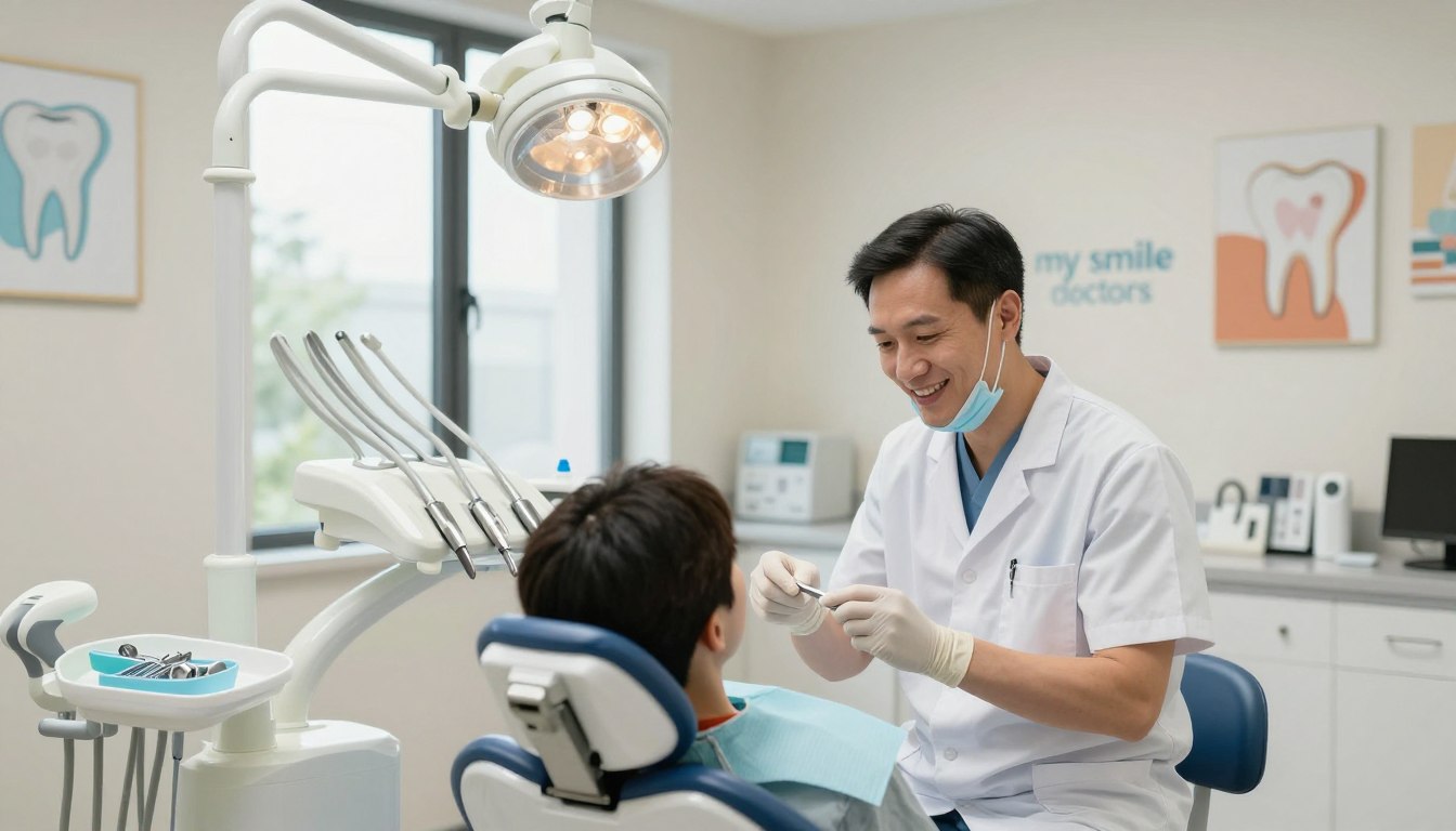 A well-equipped emergency dental clinic interior, showcasing a clean and modern treatment room. In the foreground, a friendly dentist dressed in professional attire is examining a patient in a dental chair, ensuring a compassionate and reassuring expression. The mid-ground displays various dental tools and equipment, neatly organized on a counter, emphasizing readiness for emergency care. In the background, a large window allows natural light to pour in, creating a welcoming atmosphere. The walls are adorned with calming, neutral colors, and dental-themed art. The branding "my smile doctors" is subtly displayed on the office wall. The overall mood is professional and comforting, conveying a sense of urgency and care in providing emergency dental services.