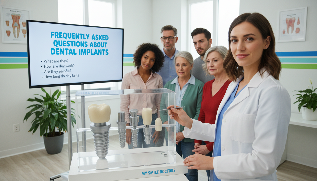 A well-organized and informative scene that represents "Frequently Asked Questions About Dental Implants." In the foreground, a friendly dentist in professional attire stands next to a large model of a dental implant, demonstrating its components with a warm smile. In the middle ground, a diverse group of patients, including a young woman and a middle-aged man, observe attentively, appearing engaged and curious. The background features a modern dental office with bright, clean aesthetics, showcasing dental charts and calming colors. Soft, natural lighting illuminates the scene, creating an inviting atmosphere. The overall mood is friendly and informative, highlighting the expertise of "my smile doctors" in dental implants while maintaining a professional and approachable feel.