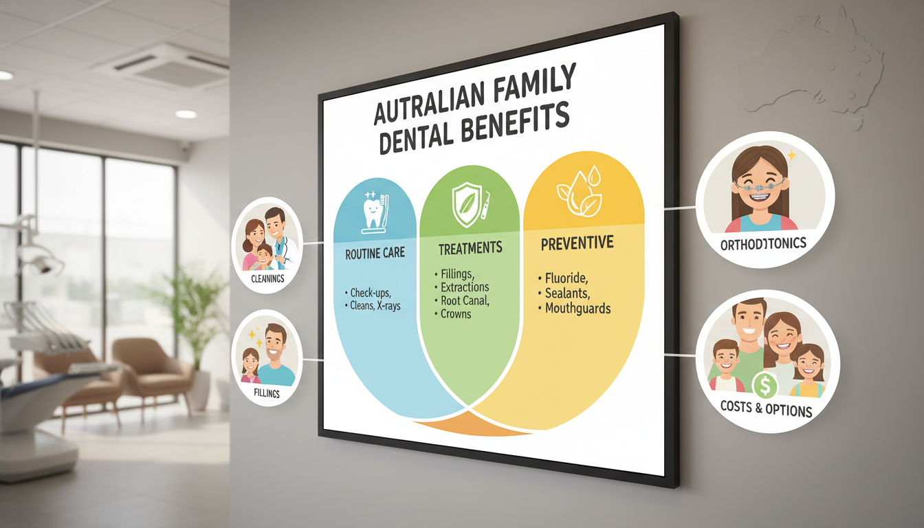 A well-organized dental benefits schedule visual for families in Australia, prominently featuring a colorful and engaging layout. In the foreground, depict a stylized chart with sections illustrating key benefits like coverage for routine check-ups, treatments, and preventive care. In the middle ground, display simple icons representing dental services like cleanings, fillings, and orthodontics next to family-oriented imagery, such as smiling parents and children receiving dental care. The background should be a soft, blurred clinic setting, creating a friendly and welcoming atmosphere. Use bright and cheerful lighting to evoke a sense of positivity and well-being. Opt for a slightly angled perspective that draws attention to both the schedule and the family-centered theme. Make sure the overall tone is informative yet inviting, suitable for guiding families in Australia on dental care costs and payment options.