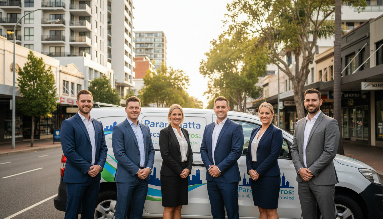 A wide-angle, warm, and inviting photograph of a professional service team in Parramatta, Australia, standing in front of a clean, branded van with a backdrop of local residential and commercial buildings, natural sunlight, high resolution.