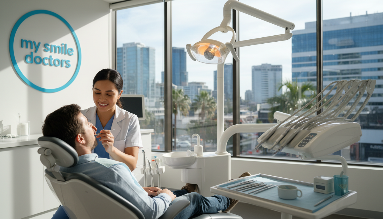 An emergency dental clinic in Parramatta, Australia's vibrant city scene. In the foreground, a caring dentist dressed in professional attire is gently examining a patient's teeth while providing a reassuring smile. The middle ground features modern dental equipment and a well-organized workspace, showcasing a bright, sanitized environment. In the background, large windows reveal a glimpse of Parramatta's skyline during a sunny day, enhancing the cheerful atmosphere. Soft, natural lighting floods the room, casting gentle shadows that evoke a sense of calm and safety. The scene is inviting and conveys a feeling of comfort, highlighting the theme of anxiety-free dental care. Include a discreet sign with the brand name "my smile doctors" visible in the clinic.