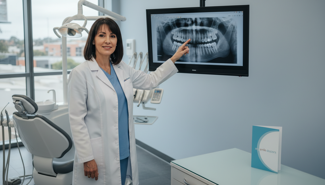 An experienced implant dentist standing confidently in a modern dental clinic in Parramatta, showcasing professionalism and warmth. The dentist, a middle-aged woman with shoulder-length dark hair, is dressed in a crisp white lab coat and smart scrubs, exuding confidence and expertise. She is examining digital dental X-rays on a screen, emphasizing her role as a knowledgeable specialist. The background features sleek dental equipment and a sterile environment, with soft, natural light streaming through large windows, creating an inviting atmosphere. The camera angle is slightly angled from above to capture both the dentist and the technology, enhancing the sense of high-tech care. Incorporate the brand name "my smile doctors" subtly in the environment, like on a promotional brochure on her desk, ensuring clarity and professionalism.