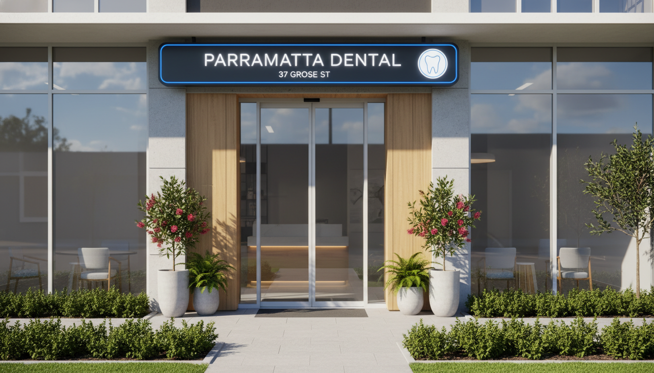 An inviting, modern dental clinic exterior located at 37 Grose Street Parramatta, featuring clear signage, professional landscaping, and a bright, welcoming entrance in the Sydney suburb.