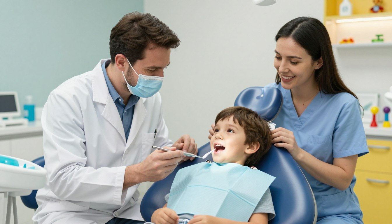 Child having positive first dental visit experience with pediatric dentist