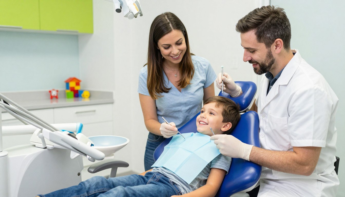 Child patient receiving gentle dental care with parent present