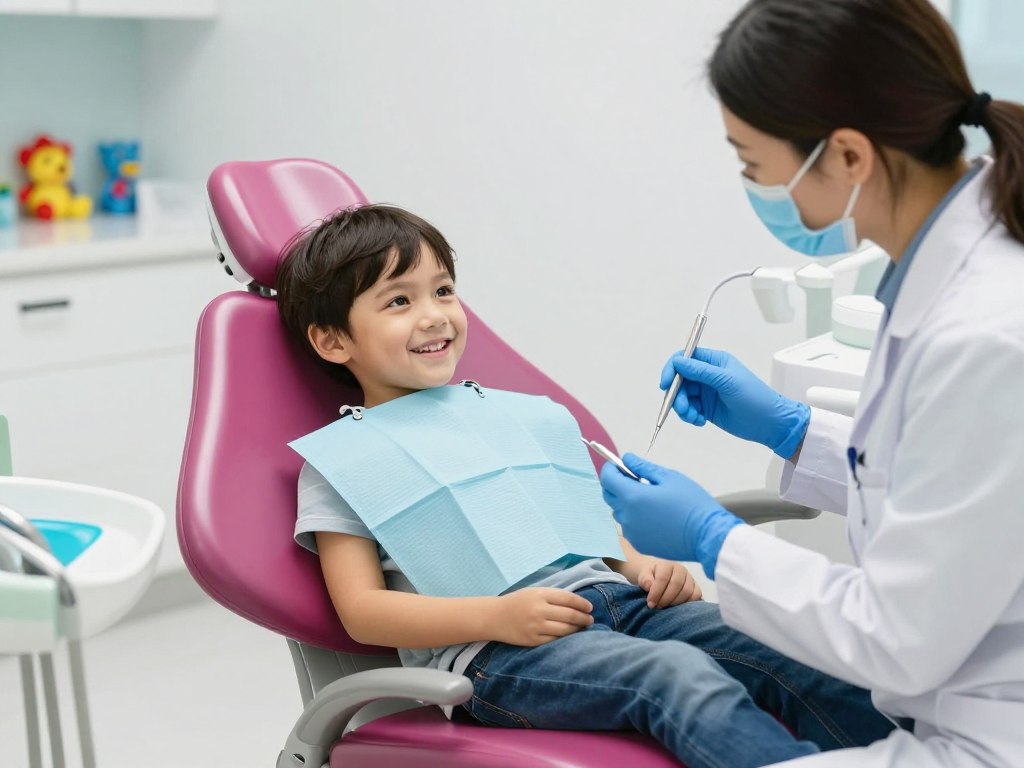 Child patient sitting happily in dental chair