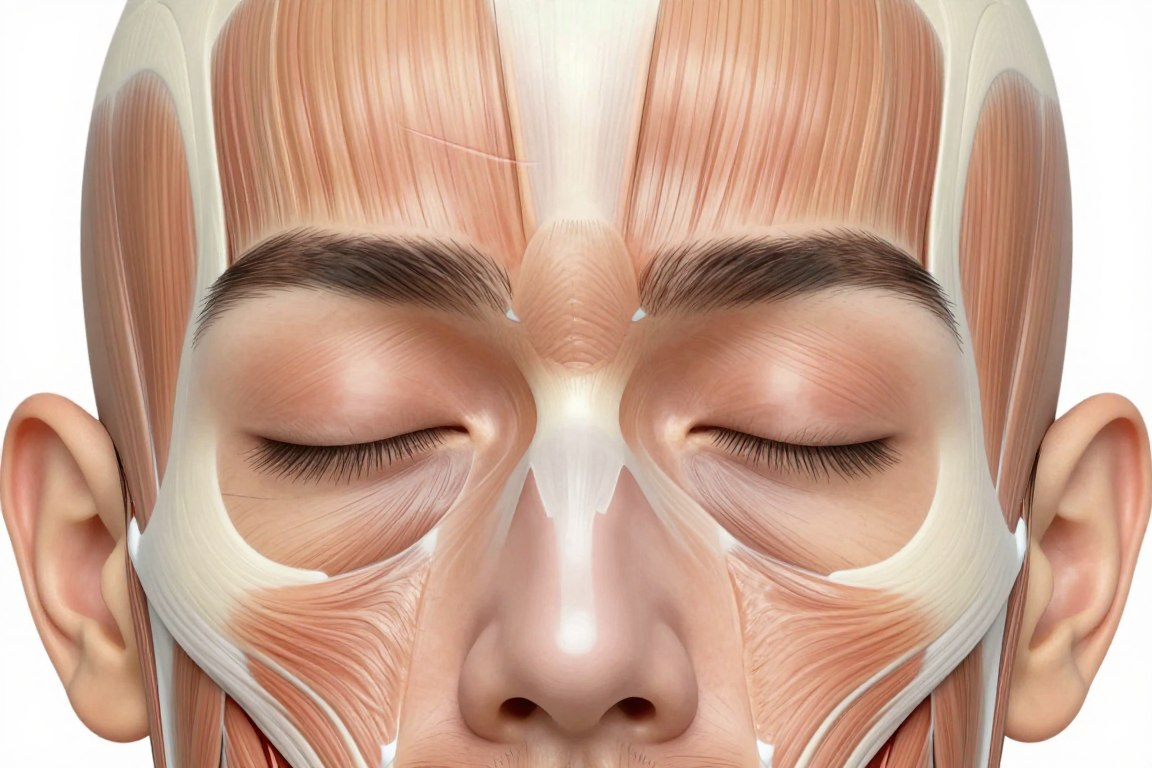 Close-up of facial muscles diagram showing treatment areas for anti-wrinkle injections around eyes and forehead