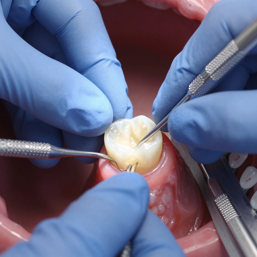 Dental crown being fitted on patient's tooth