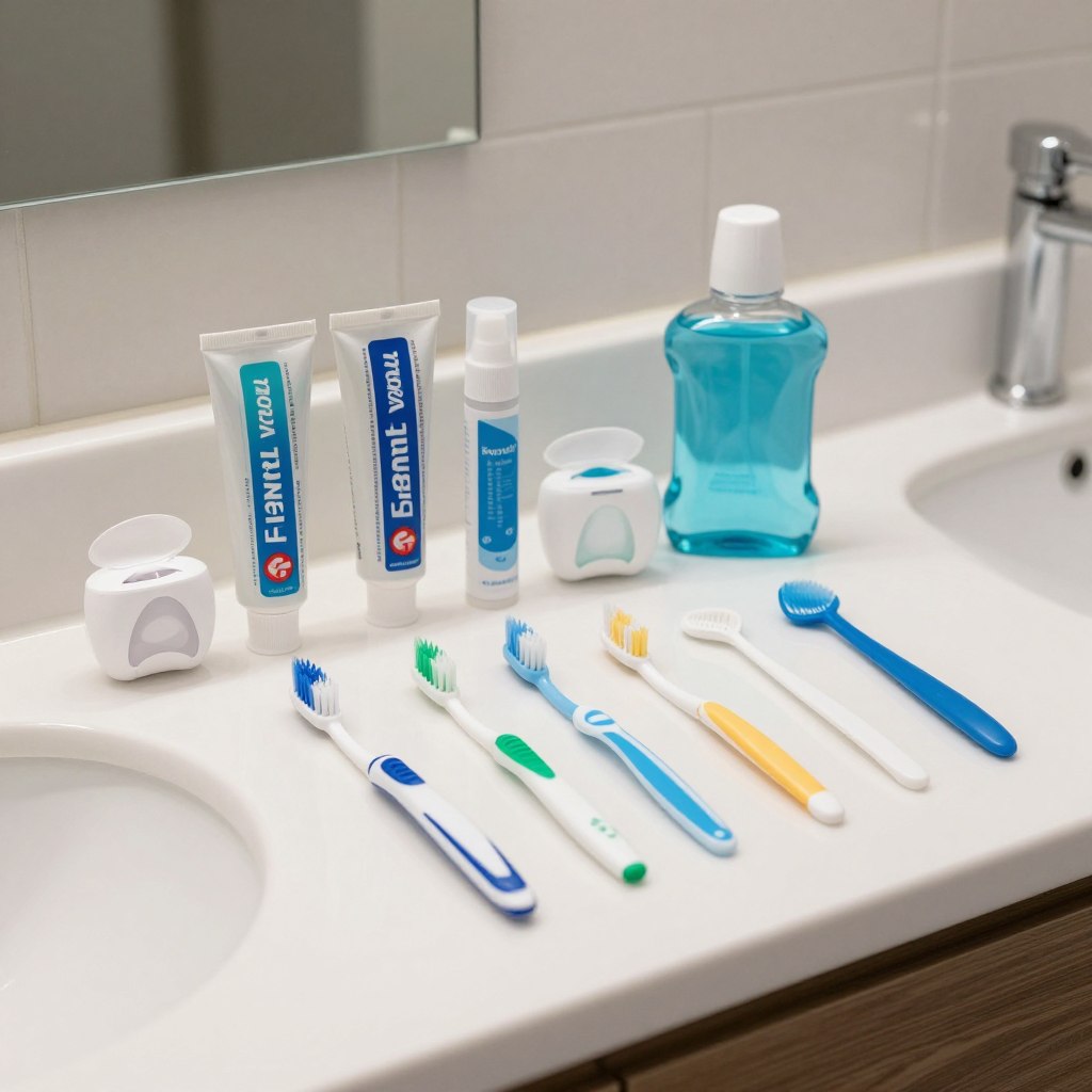 Dental hygiene products arranged neatly