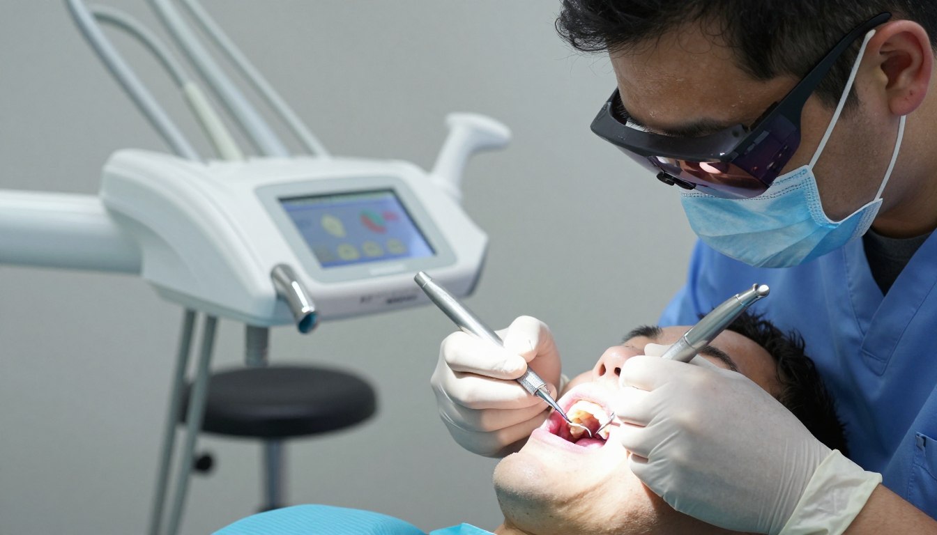 Dental hygienist performing teeth cleaning procedure