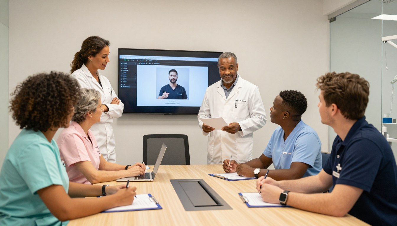 Dental team meeting discussing patient care and treatment planning
