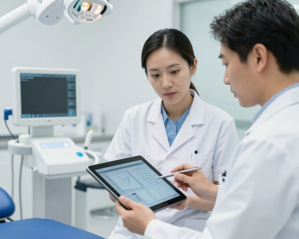 Dental team reviewing patient treatment plan on digital tablet