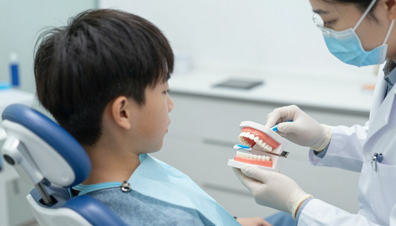Dentist educating patient about oral hygiene