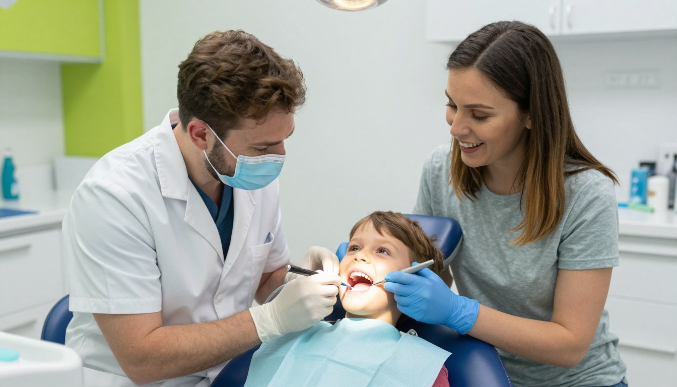 Dentist examining child patient gently