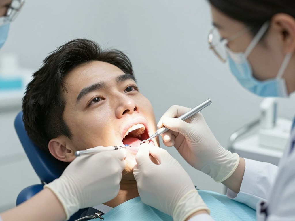 Dentist examining patient in pain
