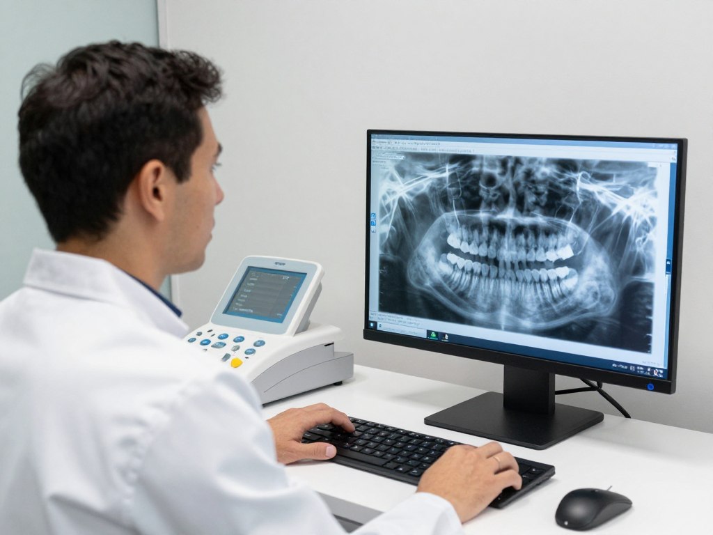 Dentist reviewing patient X-rays on digital screen