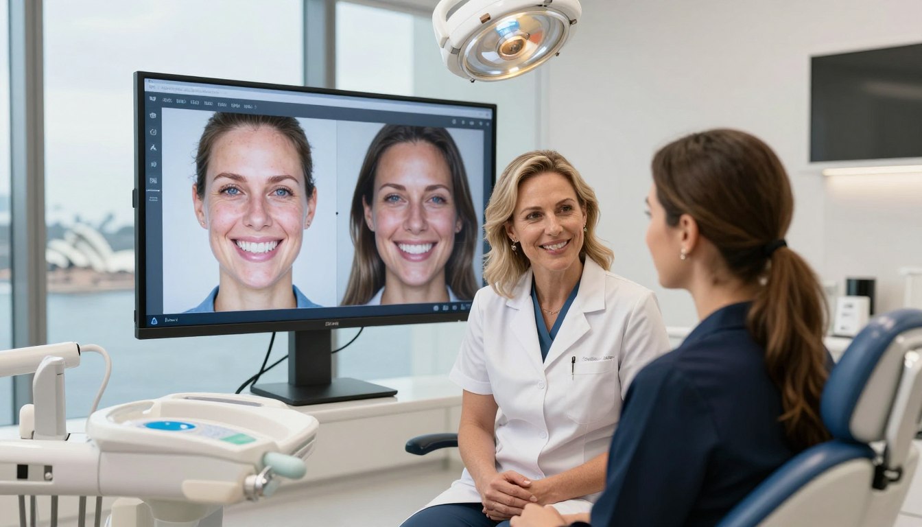Dr. Emma Richardson consulting with patient using digital smile design technology