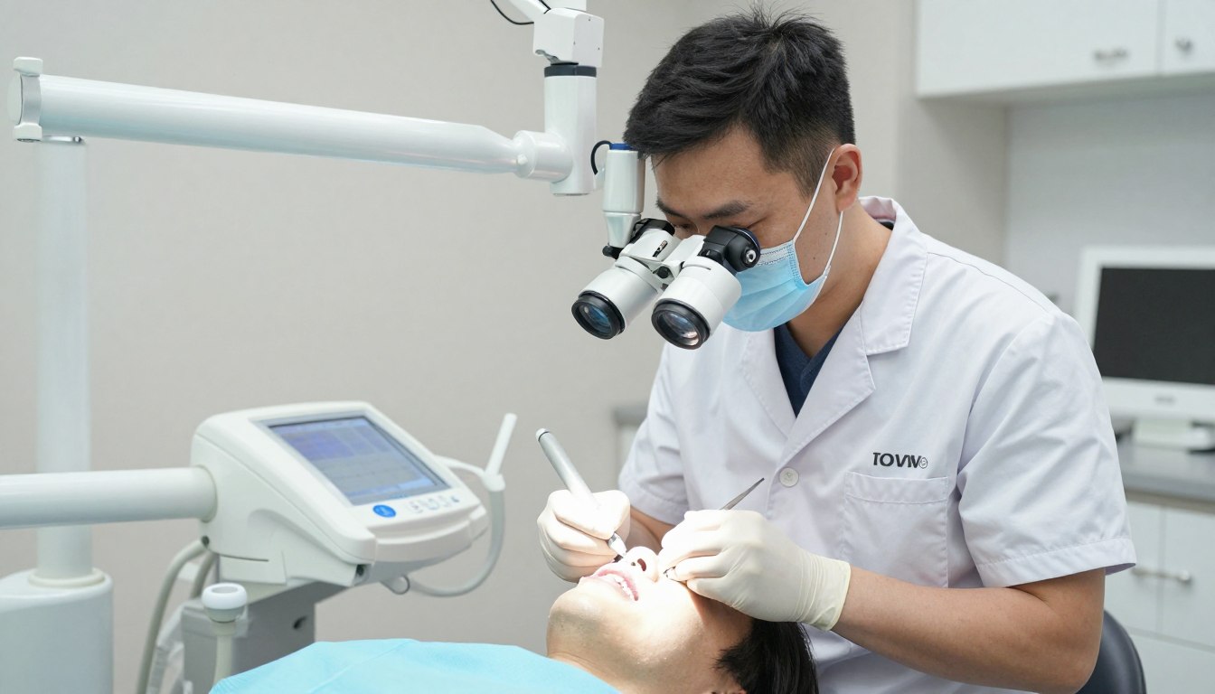 Dr. James Chen performing cosmetic dental procedure with modern equipment