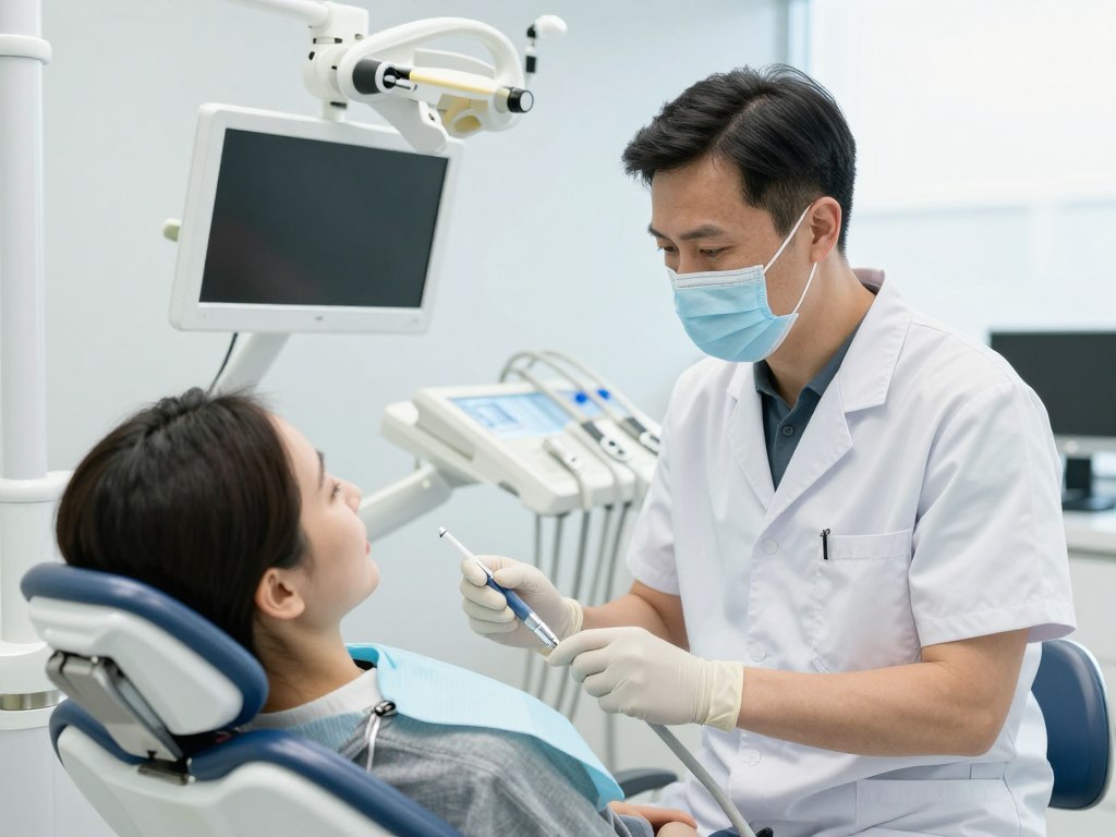 Experienced dentist examining patient with modern equipment demonstrating quality dental care