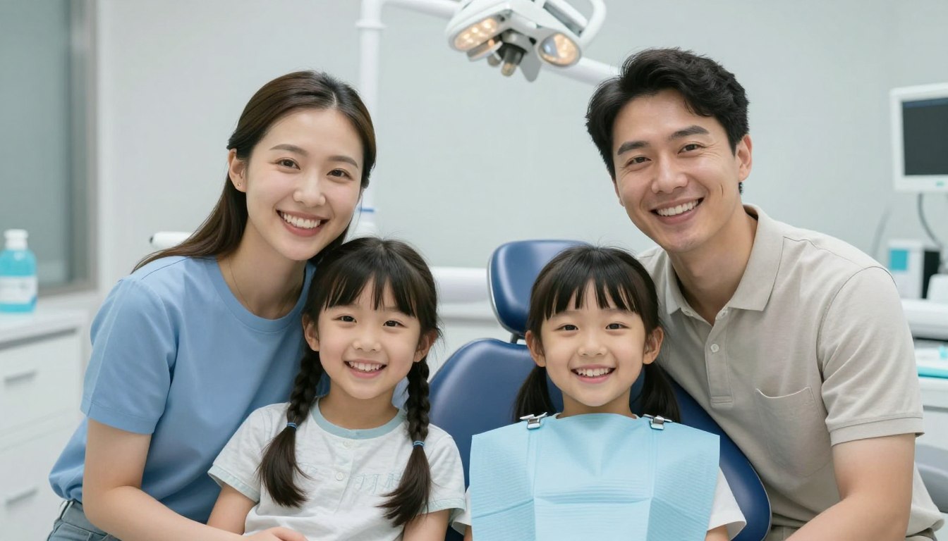 Family of four smiling at dental clinic
