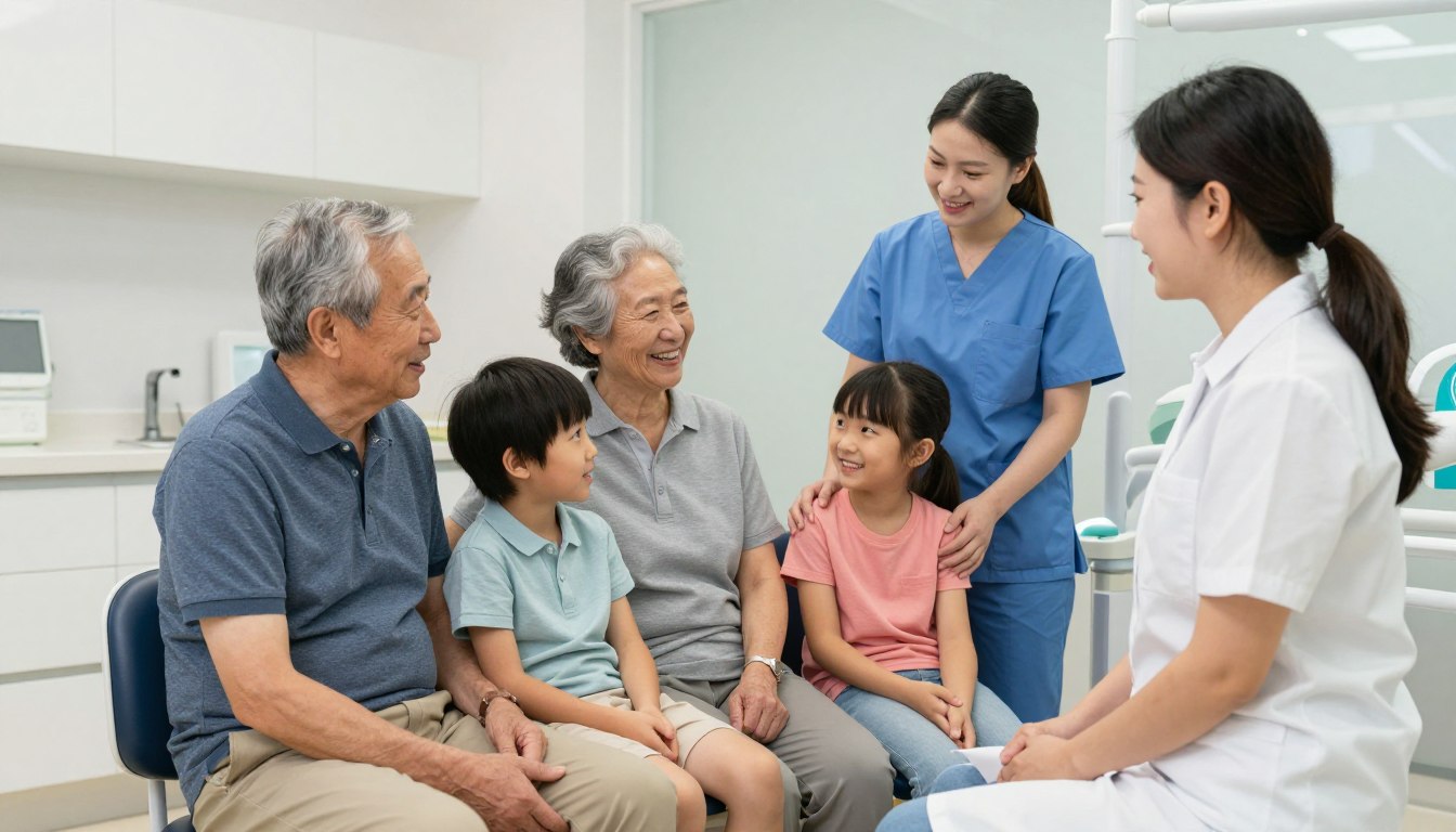 Family of three generations visiting dentist together showing multi-generational care