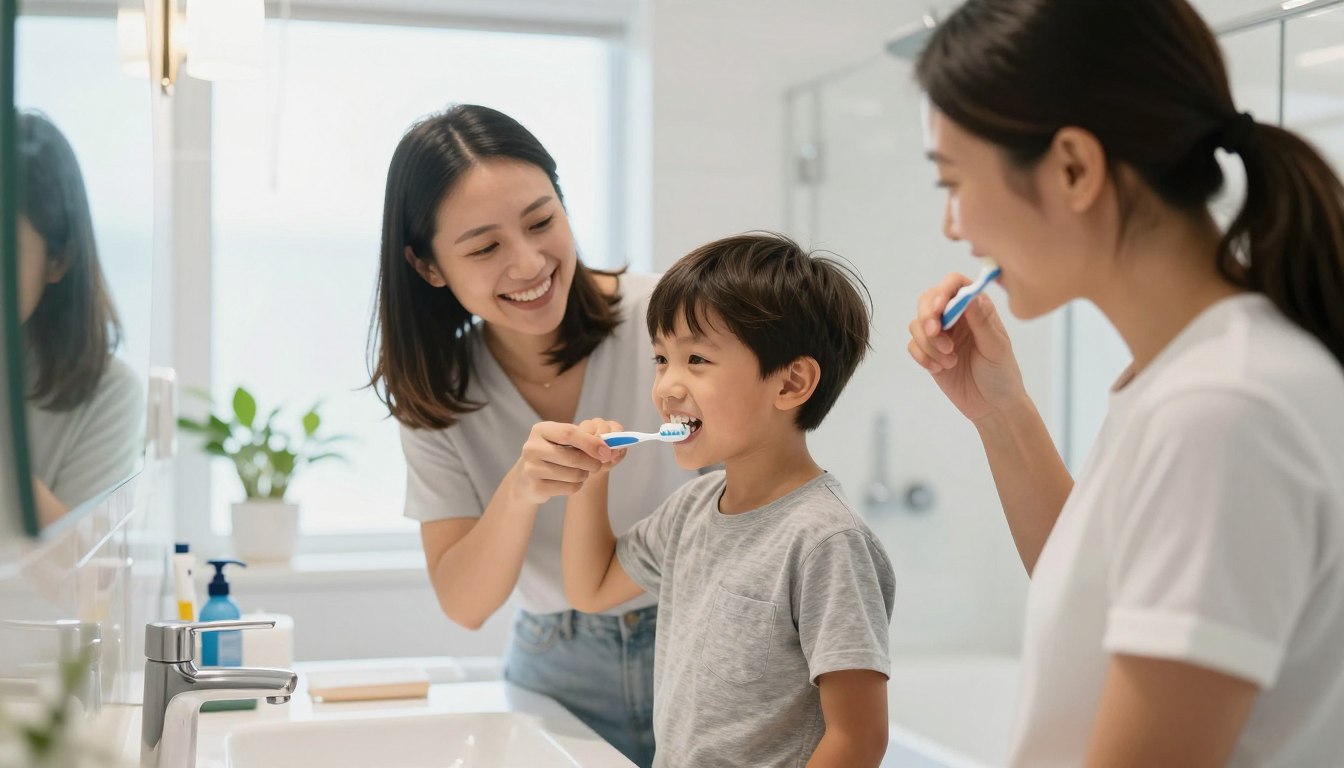 Family practicing good oral hygiene habits together at home