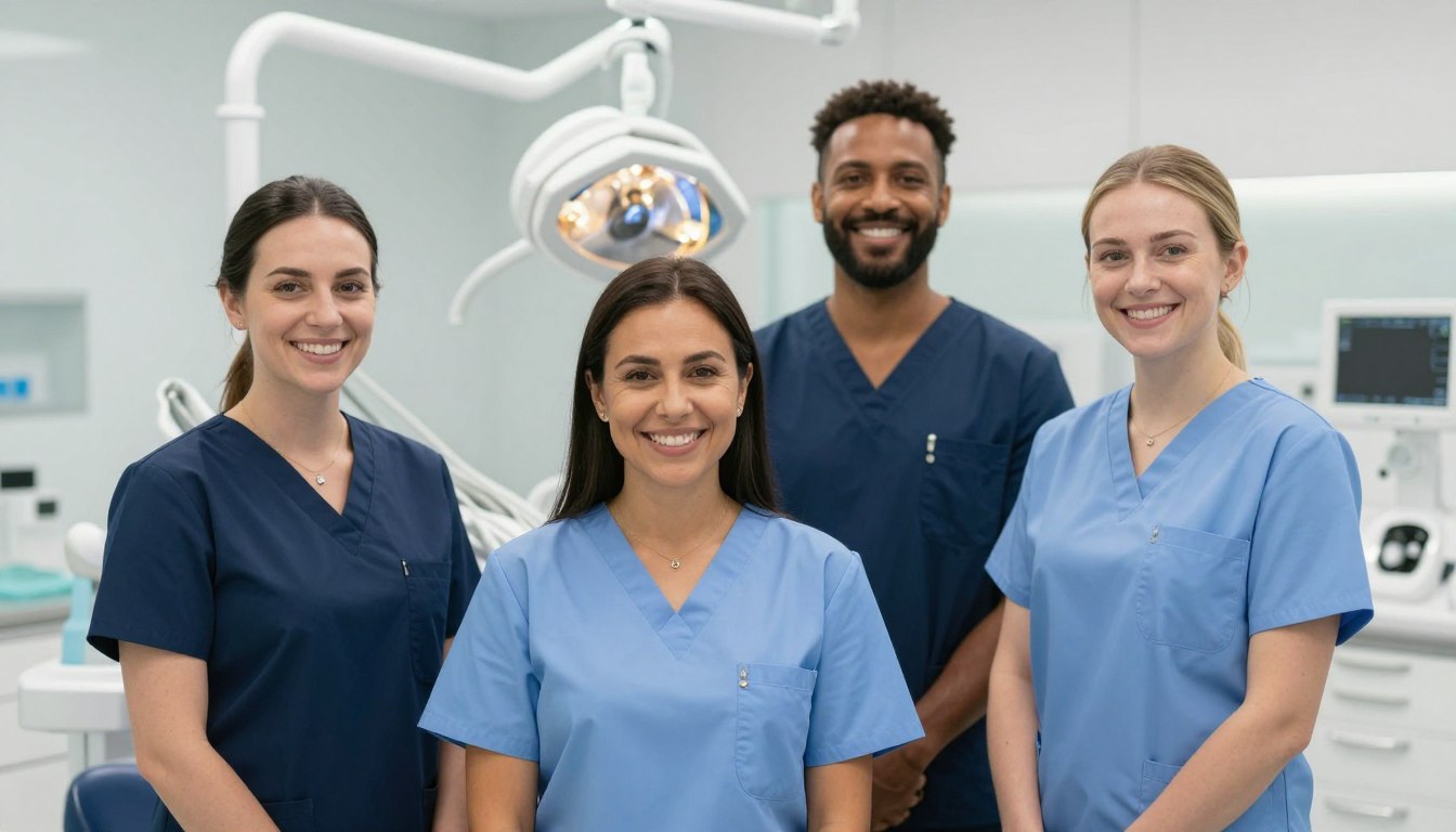 Friendly dental team posing in modern Parramatta clinic