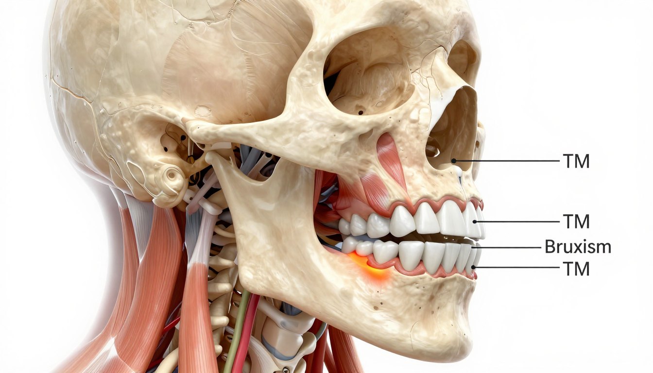 Illustration showing masseter muscle and jaw area affected by teeth grinding and clenching