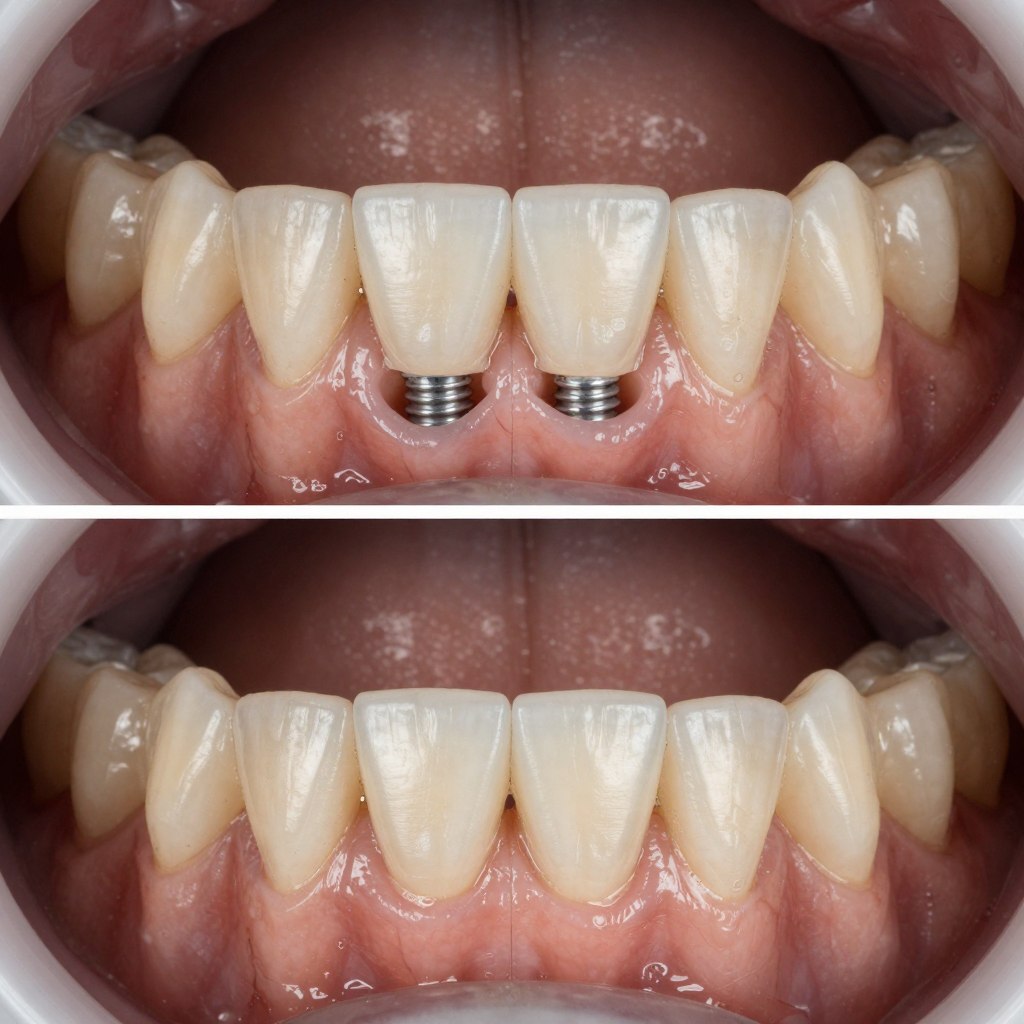 Multiple dental implants supporting bridge restoration