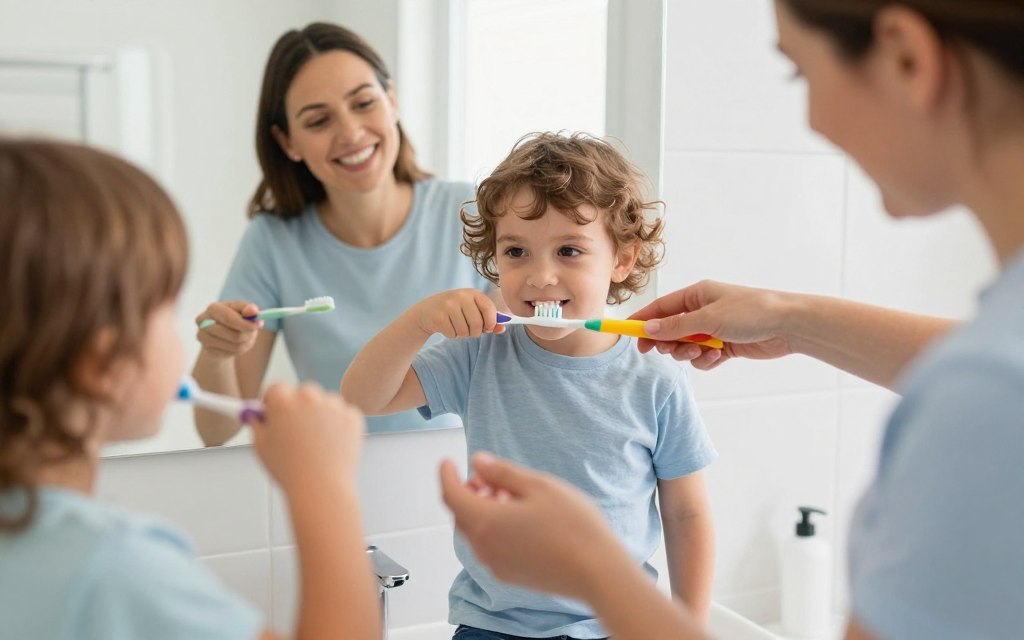 Parent helping young child brush teeth properly