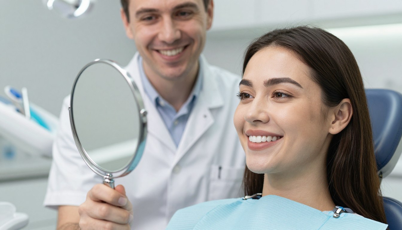 Patient admiring new smile in mirror at dental clinic