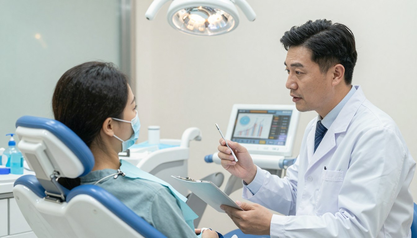 Patient consulting with dentist about treatment