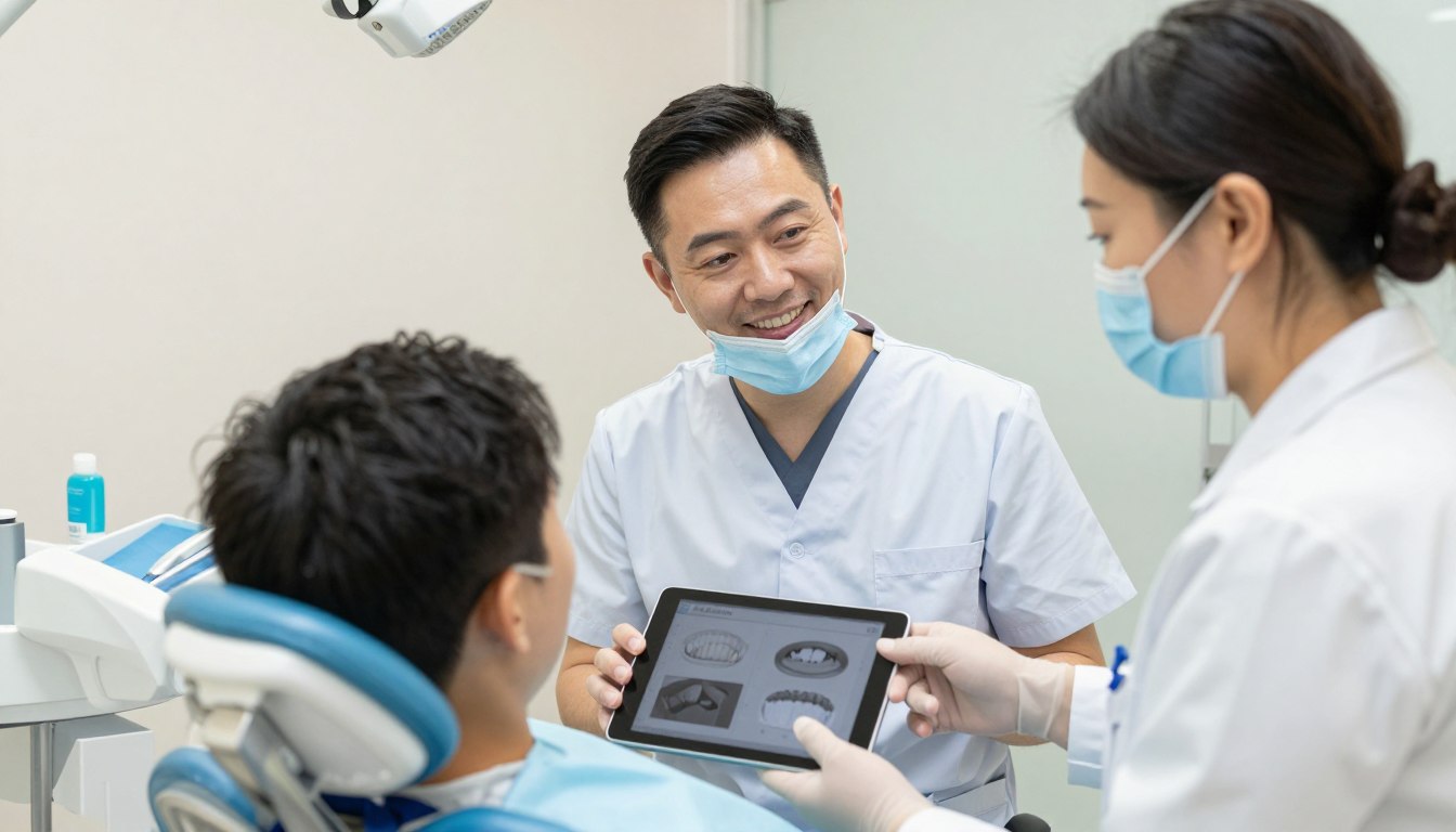 Patient consulting with dentist discussing treatment options and care plan