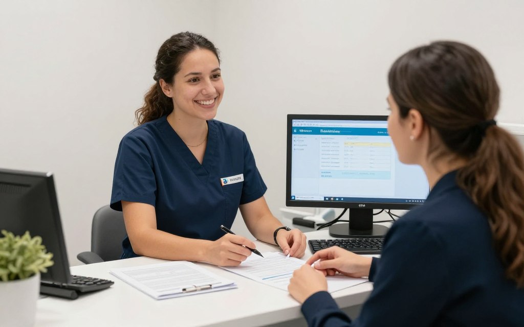 Patient discussing payment options with dental receptionist