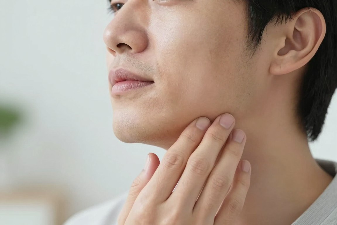 Patient experiencing relief from jaw pain after bruxism treatment with anti-wrinkle injections