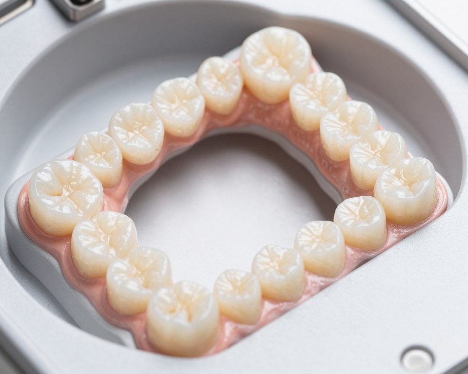 Porcelain dental veneers on display