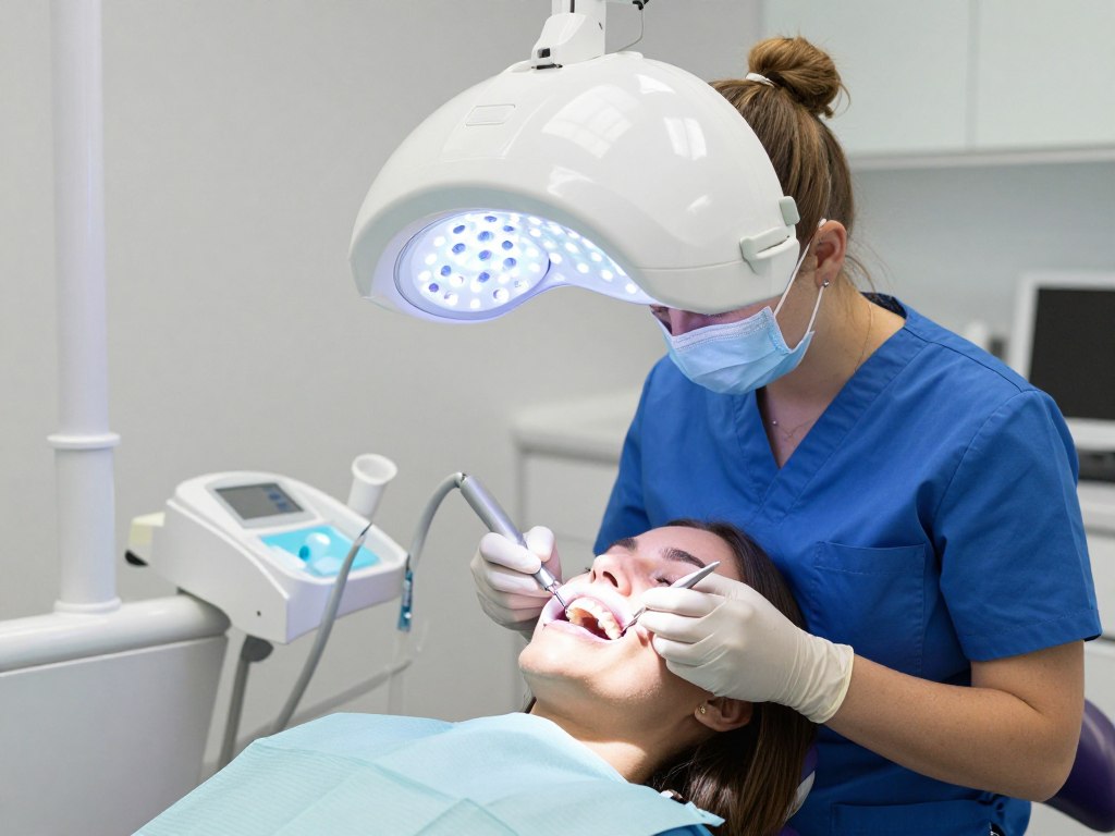 Professional teeth whitening procedure being performed in dental chair