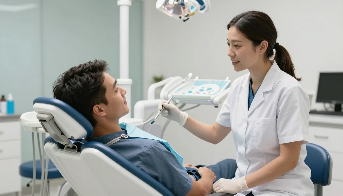 Relaxed patient in dental chair with calming environment and caring dentist