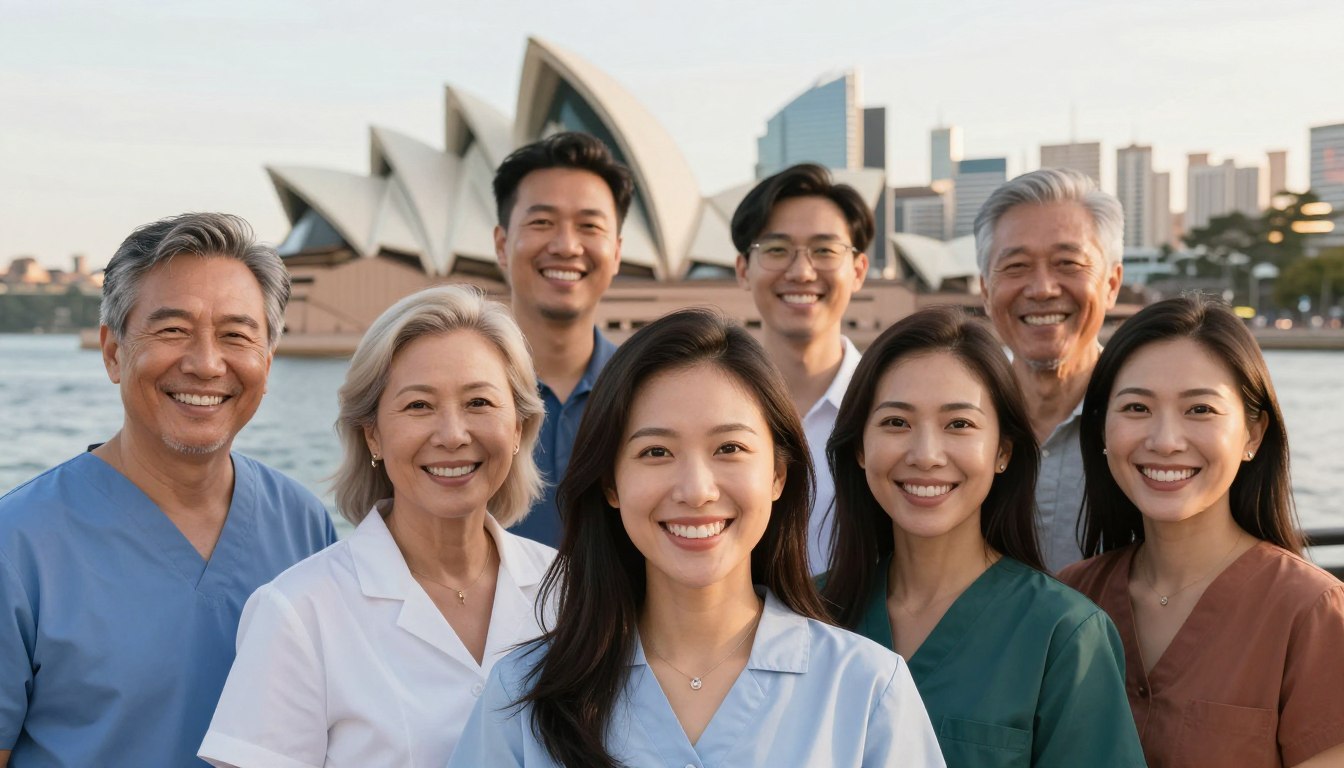 Sydney skyline with happy dental patients showing confident smiles
