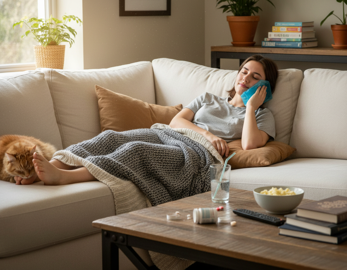 patient resting comfortably after wisdom teeth removal with ice pack