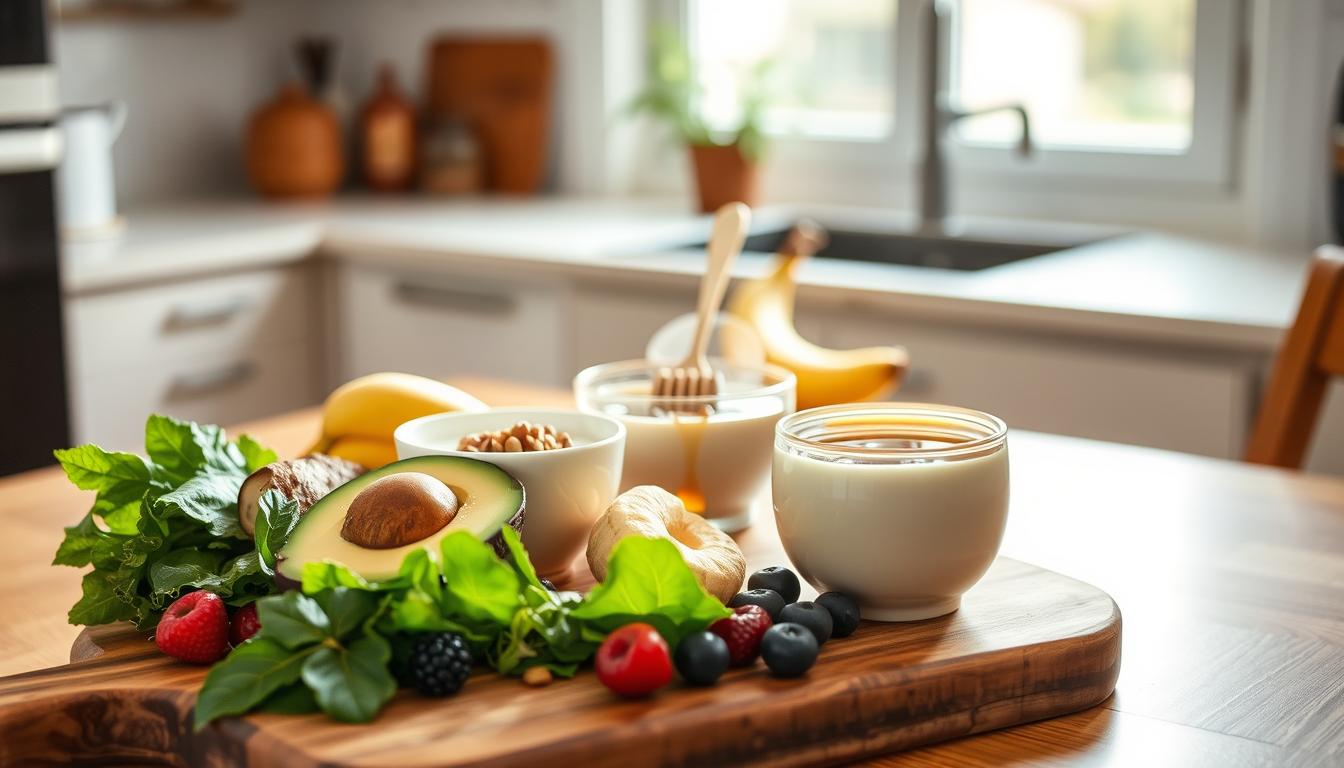 A beautifully arranged table showcasing a healing diet in a softly lit kitchen. In the foreground, vibrant, fresh ingredients such as leafy greens, ripe avocados, and soft fruits like bananas and berries are artfully displayed on a rustic wooden cutting board. In the middle, a delicate bowl of yogurt topped with honey and nuts sits next to a steaming cup of herbal tea, exuding warmth and comfort. The background features a blurred window with soft, natural light filtering through, illuminating the space and creating a peaceful atmosphere. The overall mood conveys a sense of tranquility and nourishment, perfect for a smooth recovery. A beautifully arranged table showcasing a healing diet in a softly lit kitchen. In the foreground, vibrant, fresh ingredients such as leafy greens, ripe avocados, and soft fruits like bananas and berries are artfully displayed on a rustic wooden cutting board. In the middle, a delicate bowl of yogurt topped with honey and nuts sits next to a steaming cup of herbal tea, exuding warmth and comfort. The background features a blurred window with soft, natural light filtering through, illuminating the space and creating a peaceful atmosphere. The overall mood conveys a sense of tranquility and nourishment, perfect for a smooth recovery.